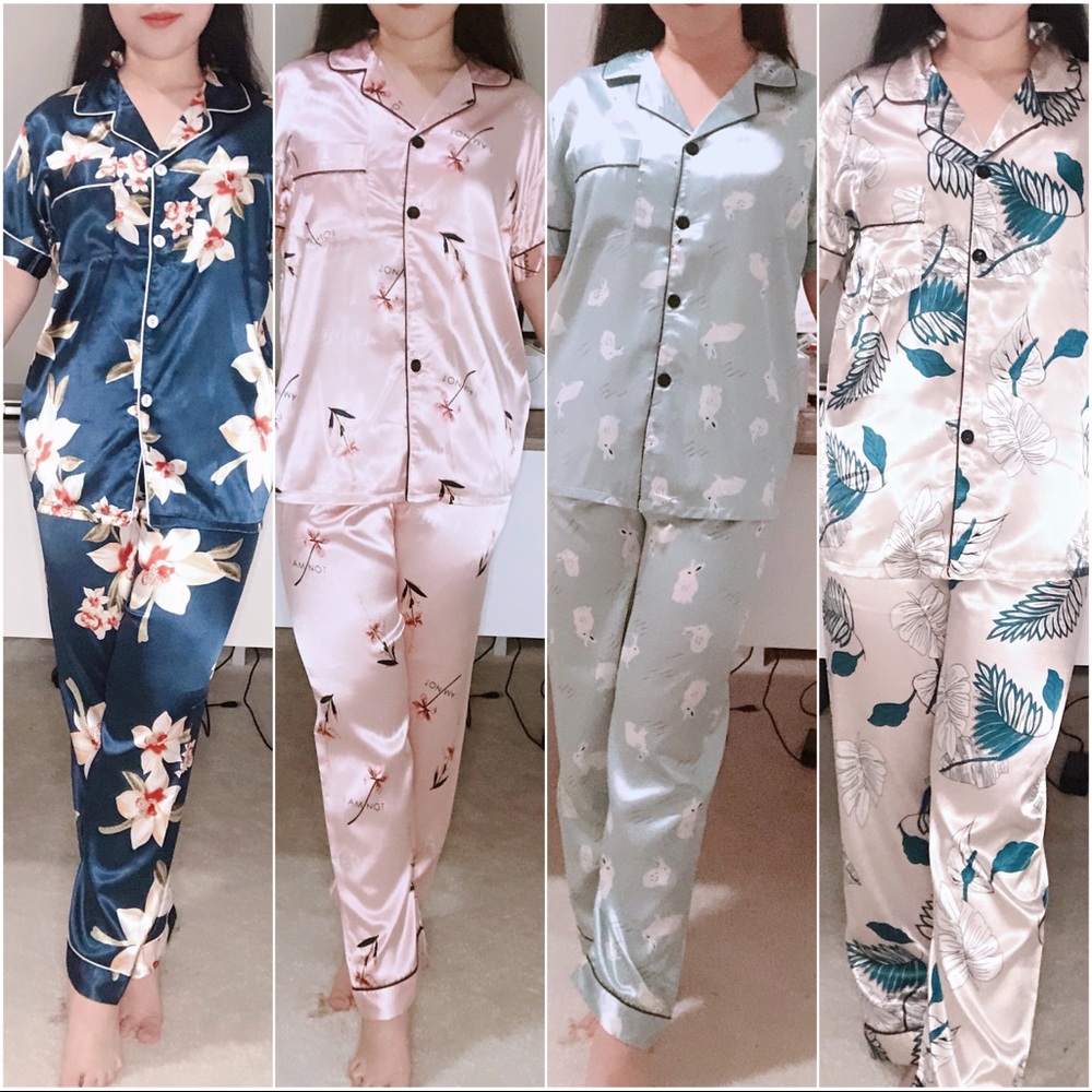 4 Set Women satin short sleeve long pant print floral button up sleepwear pajama